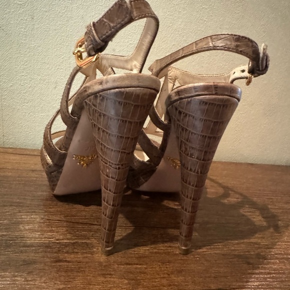 Prada Platform Sandals Brown Croc-Embossed Leather Slingback Heels - Picture 8 of 14